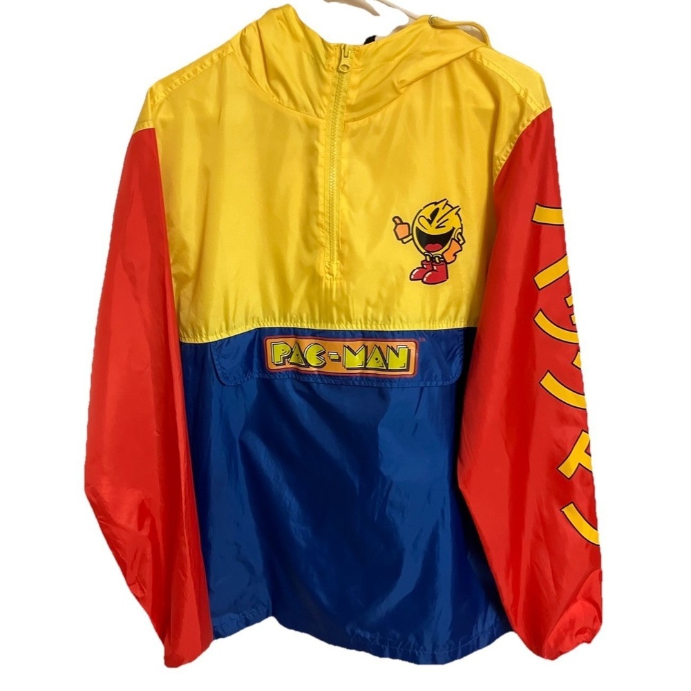 M Pac-Man Pullover L Windbreaker Hoodie Half Zip Colorblock Jacket